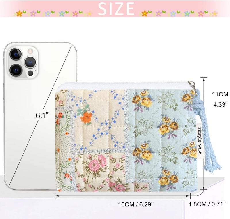 Modacarry Store Cotton Quilted Floral Coin Purse Digital Camera Pouch with Cute Prints Zipper for Women Girls (BLUE DISTY PATCH) - Image 3
